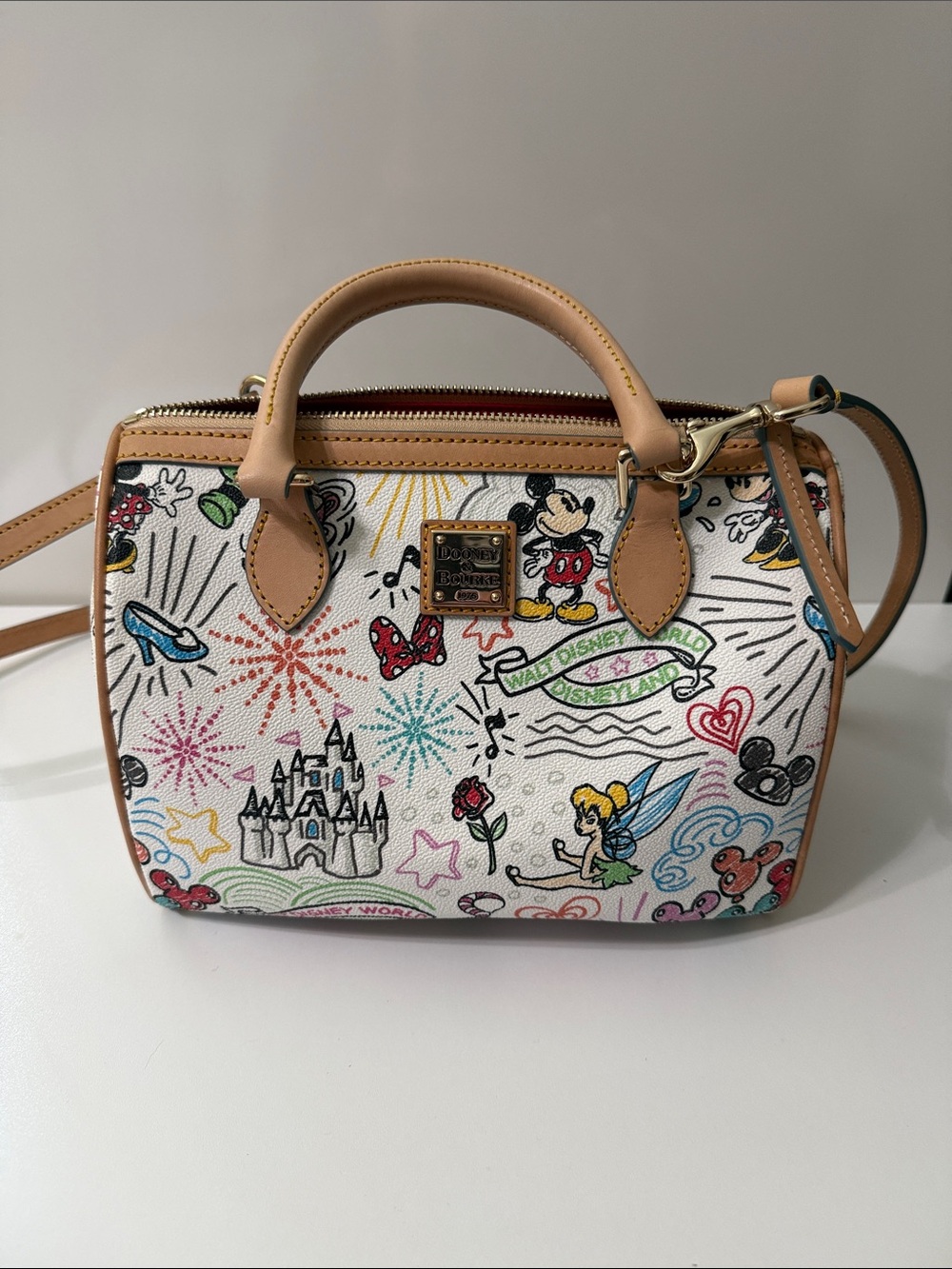 Dooney & Bourke White Multicolor Disney Satchel with Tan Trim - Picture 2 of 4